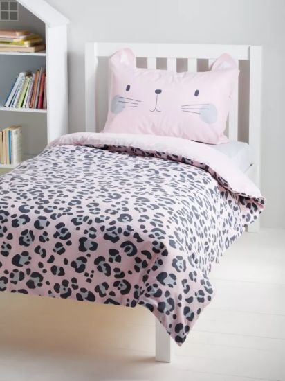 Cat Reversible Duvet Cover and Pillowcase Set, Single, Pink